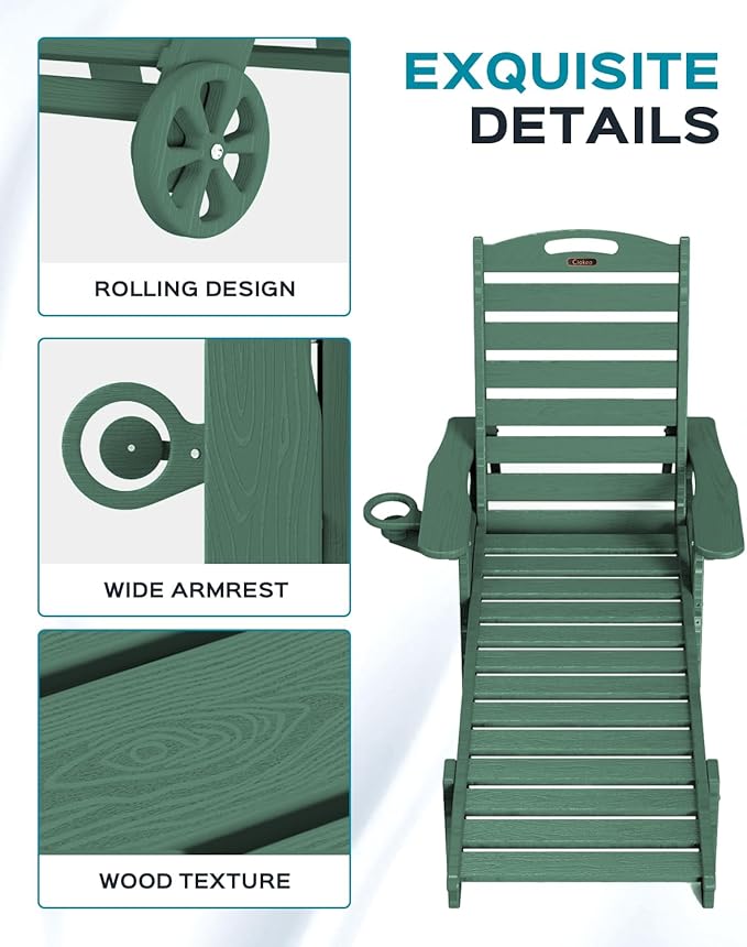 Outdoor Lounge Chair Set of 4, All Weather Patio Chaise Lounge Chair for Outside, HDPE Chair with Rolling Wheels & Cup Holder, 5 Position, Deck, Pool, Green CIOKEA