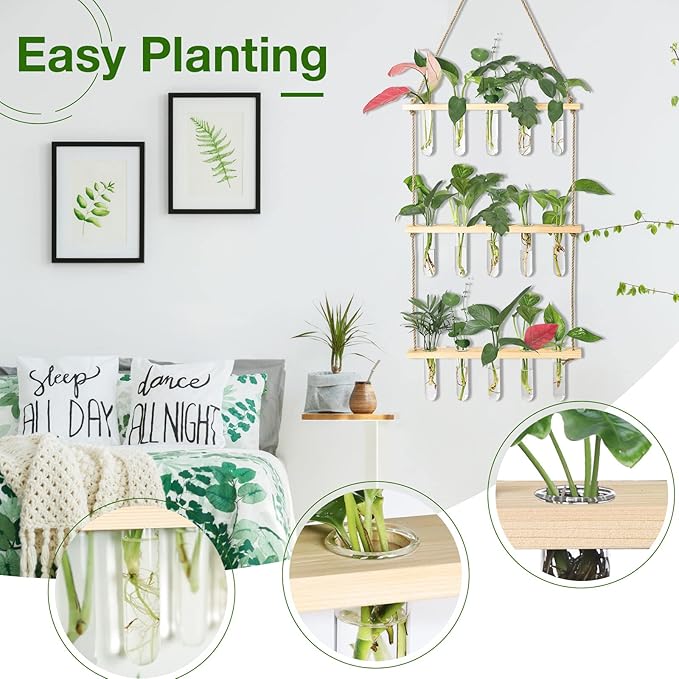 XXXFLOWER Wall Hanging Propagation Station with Wooden Stand 5 Glass Test Tubes 3 Tiers Planters Wall Terrarium for Home Office Plant Hanger Flower Vases Wall Decor Hydroponic Cuttings XXXFLOWER