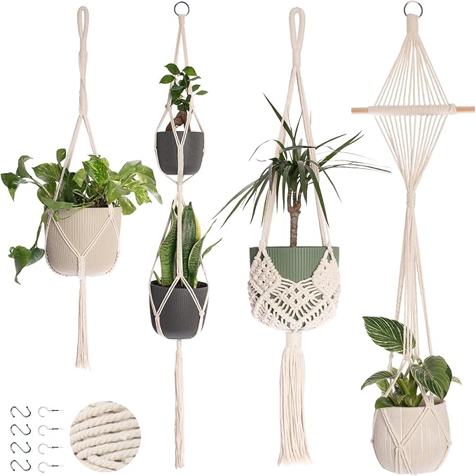 Nook Theory 4-Pack Macrame Plant Hangers with 8 Hooks - Hanging Planters for Indoor Plants, Boho Macrame Hangers Indoor Outdoor, Decorative Plant Hanger Indoor (Cream) NookTheory