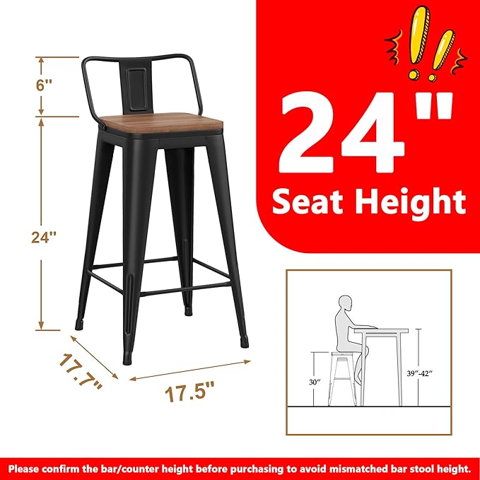 WENTMENT Metal Bar Stools Set of 4 Counter Height Barstools with Removable Back 24" Kitchen Bar Stools with Wooden Seat, Black WENTMENT
