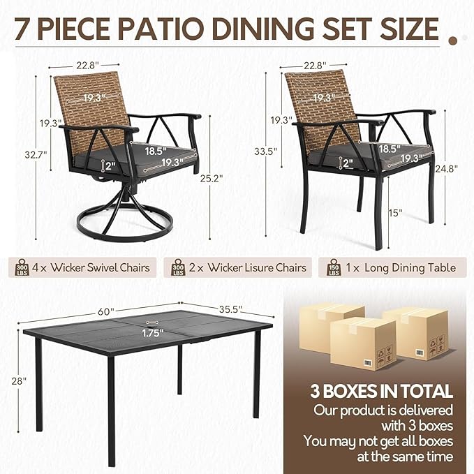 7-Piece Patio Dining Set for 6, Outdoor Dining Set with Wicker Swivel Patio Dining Chairs with Cushions & Black Rectangular Woodgrain Dining Table with 1.75”Umbrella Hole, Black & Brown Andehomy