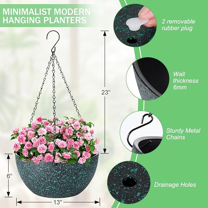 10 inch Hanging Planters for Indoor Plants, 2 Pack Planters for Outdoor Plants with Drainage Holes and Chain, Round Plastic Hanging Baskets, Hanging Flower Pots for Balcony Garden Decor-Black Speckle HIGSEEU