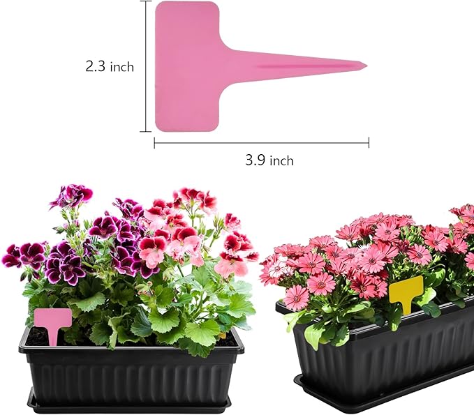 Fasmov 7 Pack 17 Inches Flower Window Box Plastic Vegetable Planters with Trays Vegetables Growing Container Garden Flower Plant Pot with 7 Pcs Plant Labels for Balcony, Patio, Garden, Black Fasmov