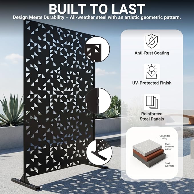 Metal Privacy Screen Outdoor 6FT – Laser-Cut Geometric Mosaic Decorative Steel Panel, Weather-Resistant Freestanding Rustproof Privacy Wall Divider for Patio, Garden, Deck & Balcony TALLYVERUS