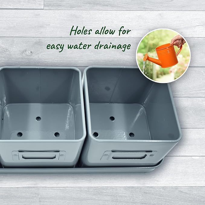 volila Herb Planter Indoor - Set of 3 Grey Indoor Herb Garden Pots for Plants with Leather Handled Tray - Window Sill Plant Shelf - Herb Pots with Drainage Holes and Labels volila