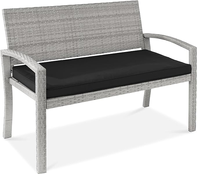 Best Choice Products Outdoor Bench 2-Person Wicker Garden Patio Benches Seating Furniture for Backyard, Porch w/Seat Cushion, 700lb Capacity - Gray/Black BestChoiceProducts