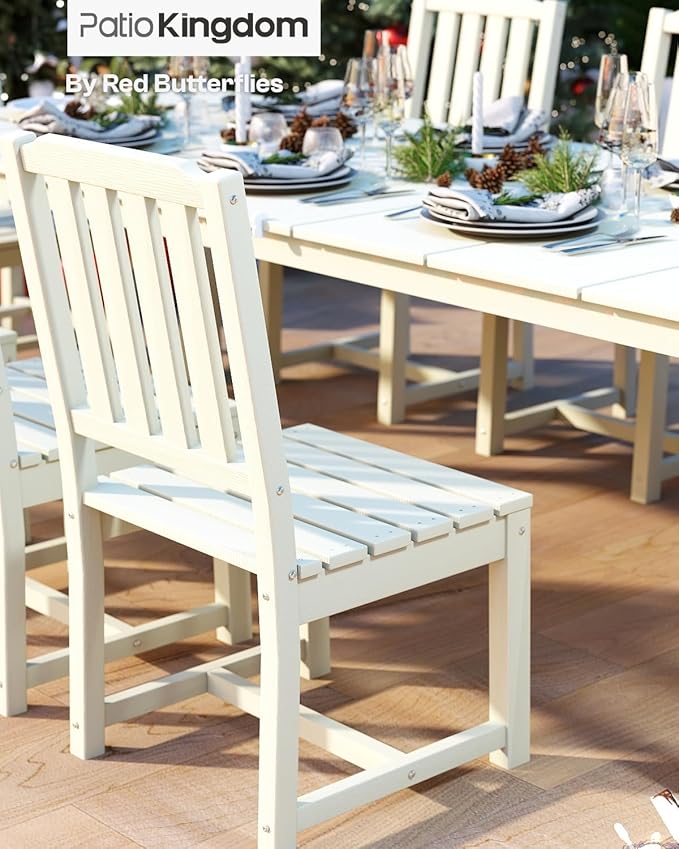 7-Piece White Outdoor Dining Set with Beige 11FT Large Patio Umbrella, 75.2'' HDPE Table & Chairs for 6, Weather-Resistant Furniture with Umbrella Hole for Patio, Lawn, Poolside PatioKingdom