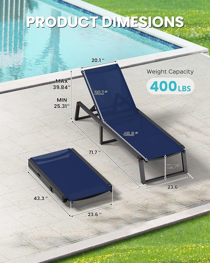 Aluminum Chaise Lounge Outdoor Set of 2, Foldable & Assembly Free Patio Pool Lounge Chairs 5-Position Recliner for Outside Poolside, Fully Grounded Legs Sun Lounger for Beach, Yard, Navy Blue Oasbira