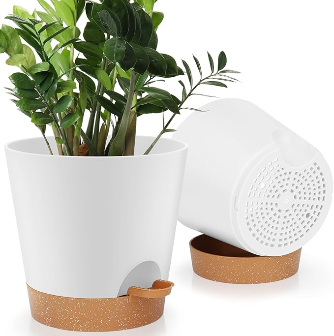 8-Inch Plant Pots, Self-Watering Planters with Drainage Holes & Saucers for Indoor and Outdoor Plants (2-Pack, White) AFamilyofGardenLovers
