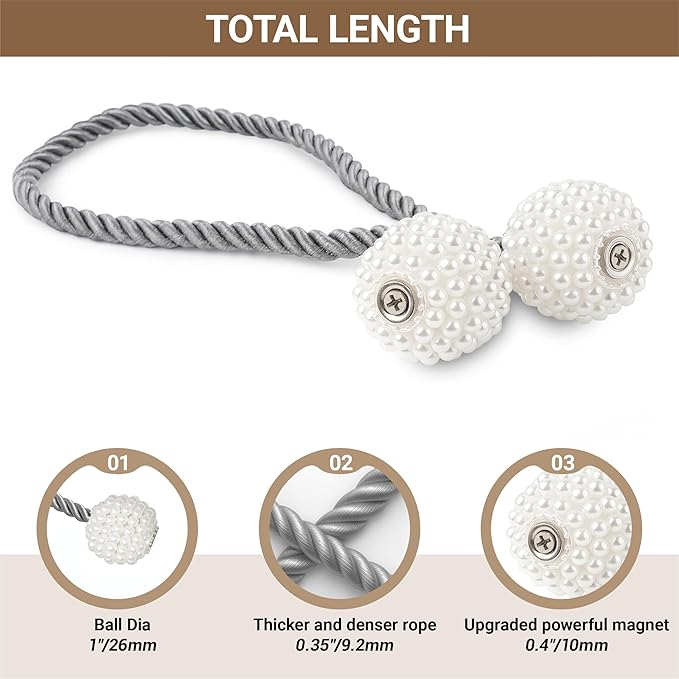 Hion Magnetic Curtain Tiebacks Grey 2pcs, Curtain Tiebacks Buckles Holdbacks Holders Hooks Clip for Home Bedroom Office Decorative Curtain Hion