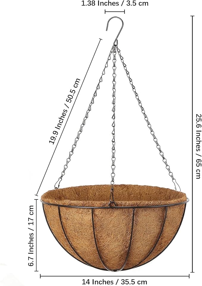 Hanging Baskets Planter for Plants - 4 Pack 14 Inch Metal Baskets with Coco Coir Liner, Hanging Flower Pots for Outside with Chain, Indoor Outdoor Garden Porch Decoration (14'' Pack of 4) LCHUANG