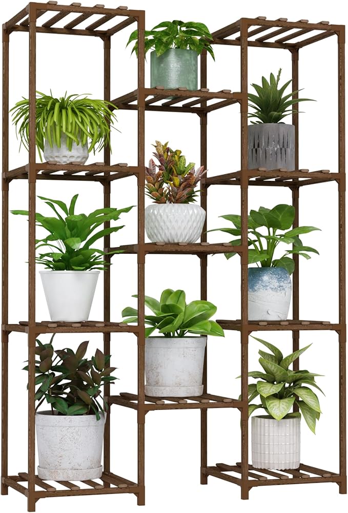 Bamworld Plant Stand Indoor Outdoor Tall Plants Shelf for Multiple Plants Pots Wood Flower Stand Large 11 Pots Plant Holder for Living Room, Patio, Balcony, Garden Bamworld