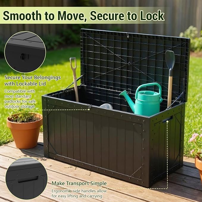 TARKARI 100 Gallon Lockable Resin Deck Box, Waterproof & UV-Resistant Outdoor Storage Box for Outdoor Cushion Storage, Garden Tools & Pool Accessories Storage, Black Home