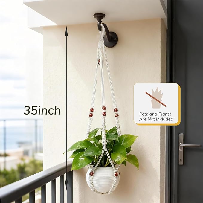 35 Inch Macrame Plant Hanger, Large for up to 15 Inch Pot Extra Long Hanging Planter Holder Basket with Wood Beads for Indoor Outdoor Home Decor (Ivory, 1-Pack) Rootora
