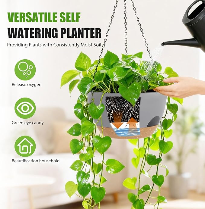8 Inch Hanging Planters for Indoor Outdoor Plants, 4 Pack Plastic Self Watering Hanging Baskets with Drainage Holes and Chain for Garden Porch SQKH