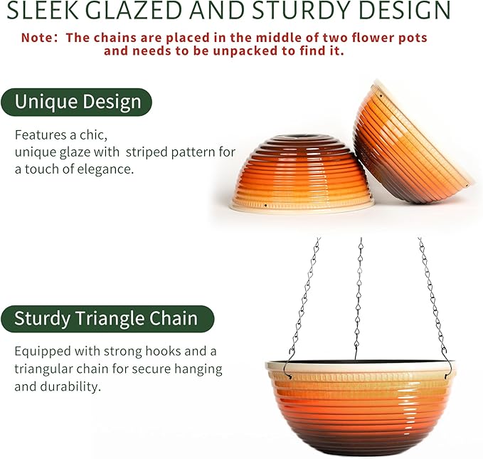 2 Pack Hanging Planters for Indoor Outdoor Plants, 10 Inch Hanging Planter with Drainage Hole & Plug Glazed Hanging Baskets Flower Pots for Garden Home, Orange Vanslogreen