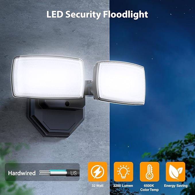 Onforu 3200LM Flood Lights Outdoor, 32W 6500K LED Security Light Manual Switch Controlled, IP66 Waterproof Outdoor Lights, Wall Mount Exterior Flood Light with 2 Adjustable Heads Floodlights Outside Onforu