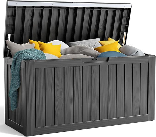 90 Gallon Resin Deck Box, Lockable Patio Outdoor Storage Box for Furniture, Garden Tools and Tools Storage, Waterproof Outside Storage Box - Black OutdoorLivingPerfected