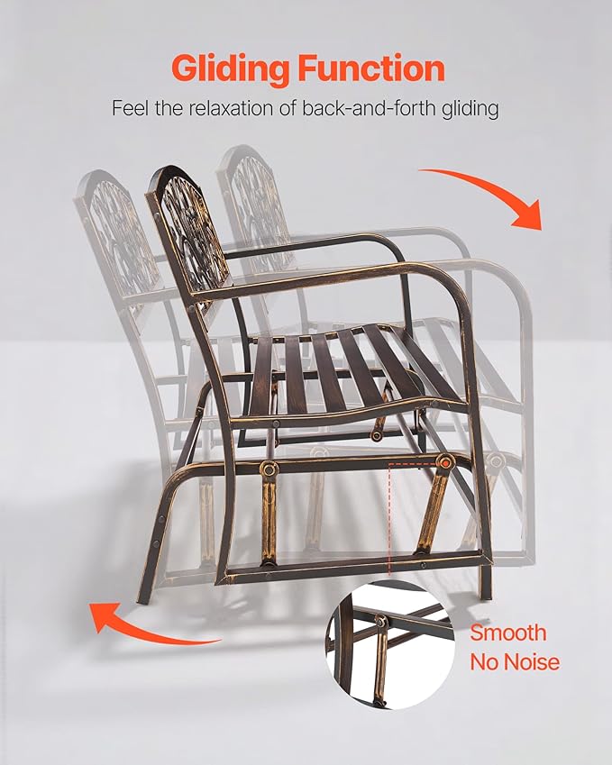 VEVOR Outdoor Bench, 50 inch, Carbon Steel Metal Frame with Cast Iron Backrest and Round Edge Armrests, Weatherproof Outside Glider Bench for Patio, Garden, Park, Yard, Front Porch, Antique Bronze VEVOR