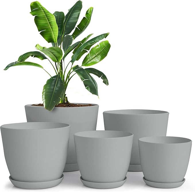 Utopia Home - Plant Pots Indoor with Drainage - 7/6.6/6/5.3/4.8 Inches Flower Pots for Indoor Planter - 5 Pack Plastic Planters - Ideal for Stocking Stuffers or Home Christmas Decorations - Gray UTOPIAHOME