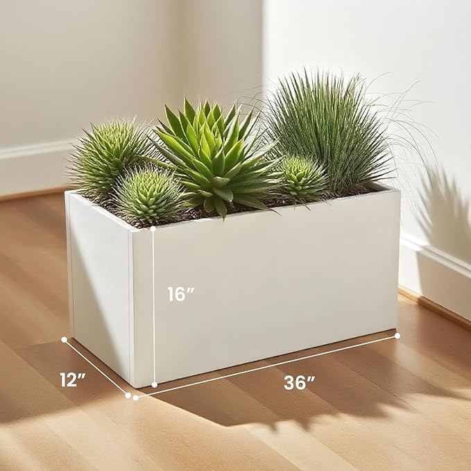 Galvanized Steel Garden Planter 36” x 12” x 16” White Metal Planter Box Modern Metallic Heavy Planter Indoor & Outdoor, Commercial & Residential (White, L36 x W12 x D16) DISCOVERINGBEAUTY