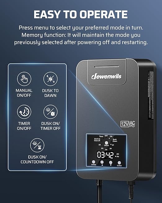 DEWENWILS 200W Low Voltage Landscape Transformer with Photocell Sensor & Timer, 120V AC to 12V/14V AC, Weatherproof Outdoor Landscape Lighting Transformer for Garden Lights, Spotlights, Steplights DEWENWILS