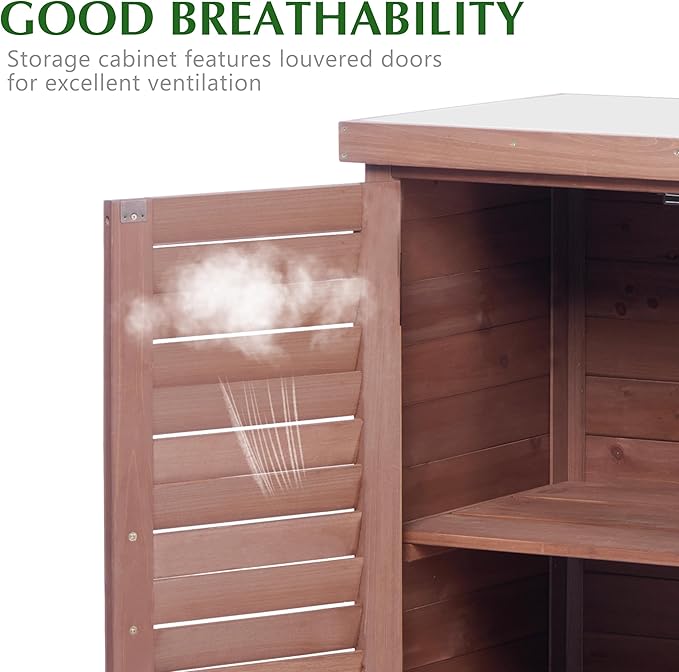 Outdoor Storage Cabinet & Potting Bench Table with Metal Top, Wooden Patio Furniture, Garden Workstation (Dark Brown, 36x31x17in) OutdoorFurniture