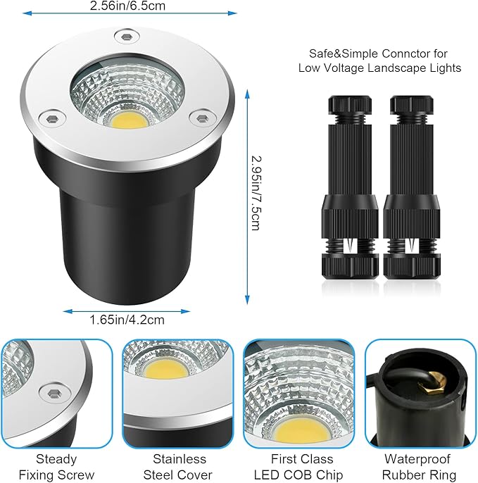 LED Landscape Lights, 12 Pack 7W Ground Lights With 24 Connectors, Low Voltage In-Ground Well Pathway Lighting, Daylight White, Waterproof for Driveway, Deck, Garden Rootora