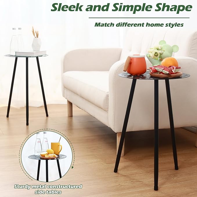1 Pack Metal Outdoor Side Tables Small Outside Round End Table for Patio Modern Accent Garden Corner Table for Small Spaces, Balcony, Porch, Weather-Resistant, Plant Stand Indoor, Black PartyZealot