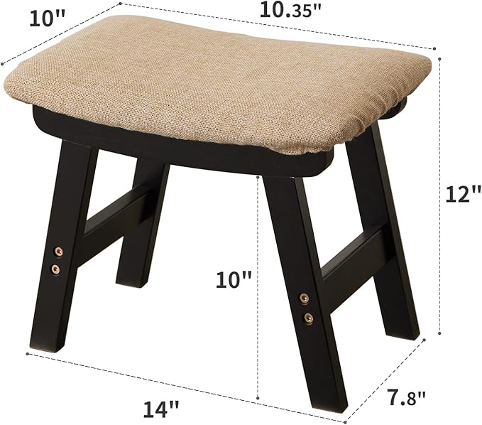 Foot Stool,Ottoman,Bamboo Small Sofa Foot Rest Under Desk,Extra Seating for Living Room, Bedroom and Kitchen (Black Stool Legs - Beige Surface) Kitsanery