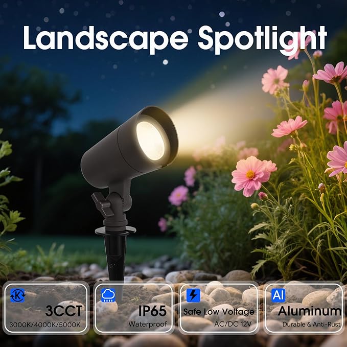 3CCT LED Landscape Lights with Connectors, 12V Low Voltage, 3000K/4000K/5000K Selectable, 3W, 200LM, Outdoor Waterproof Garden Pathway Lights Wall Tree Flag Spotlights with Spike Stand, 8 Pack EENERGETICLIGHTING