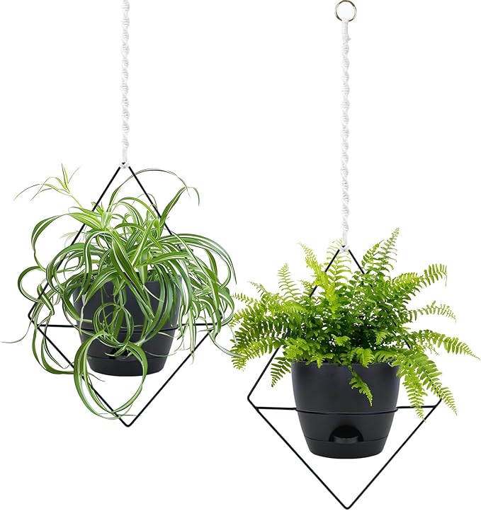 Hanging Planters for Indoor Plants, 2 Set Self Watering Hanging Flower Pots, Modern Hanging Plant Baskets with Metal Plant Holder & 6.5 Inch Plastic Pots for Garden Home Decor (Black) Koalaime