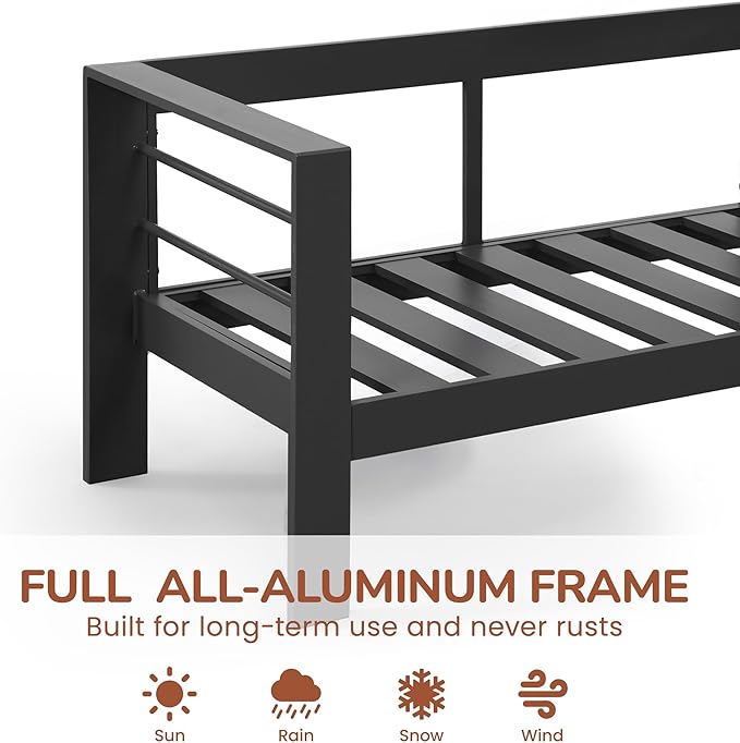 Solaste Aluminum Patio Loveseat, Metal Patio Sofa with Water-Resistant Cushion, Weather-Resistant Modern Outdoor Loveseat, Black Frame Grey Cushion Solaste
