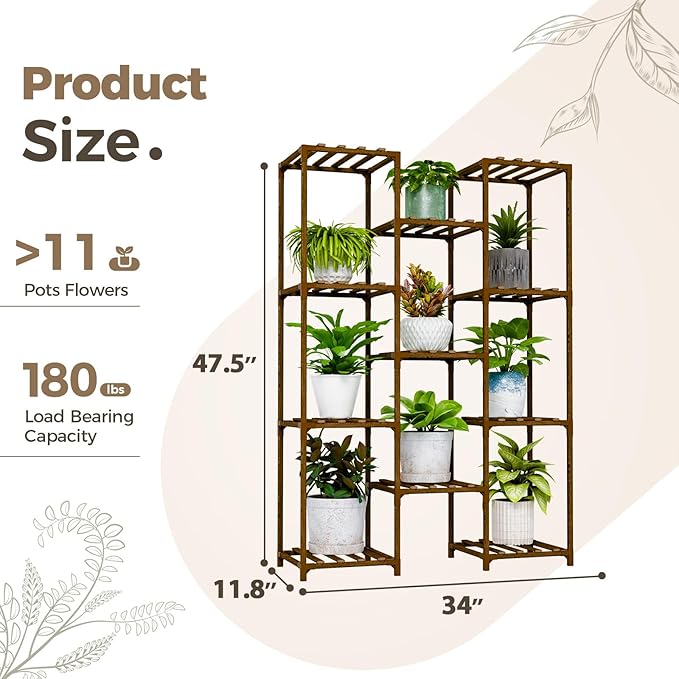 Bamworld Plant Stand Indoor Outdoor Tall Plants Shelf for Multiple Plants Pots Wood Flower Stand Large 11 Pots Plant Holder for Living Room, Patio, Balcony, Garden Bamworld