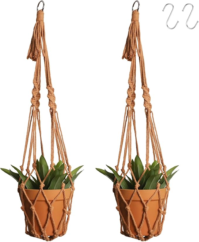 Artilady Macrame Hanging Planter for Indoor Plants, Boho Woven Plant Hanger Large Hanging Flower Pot Holders Outdoor Baskets Storage No Tassels Brown Wall Decor (Latte Brown-2pcs) Artilady