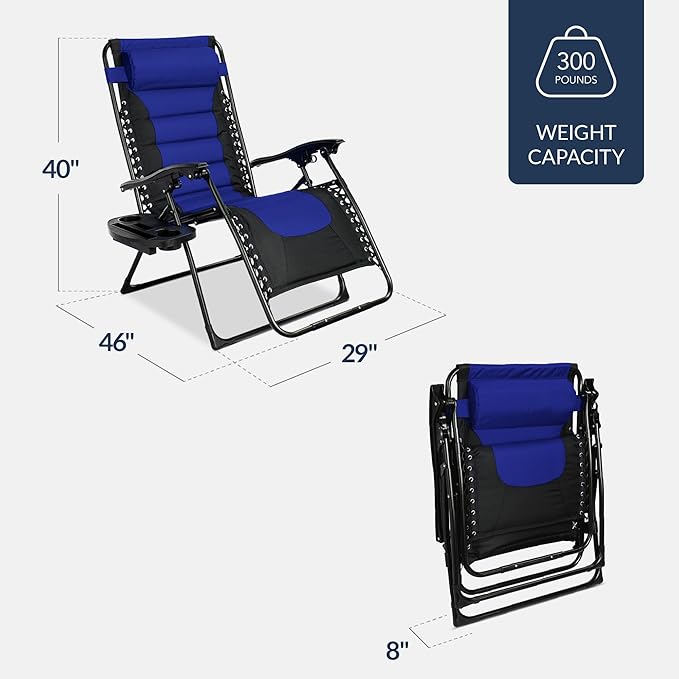 Best Choice Products Oversized Padded Zero Gravity Chair, Folding Outdoor Patio Recliner, XL Anti Gravity Lounger for Backyard w/Headrest, Cup Holder, Side Tray, Polyester Mesh - Blue BestChoiceProducts