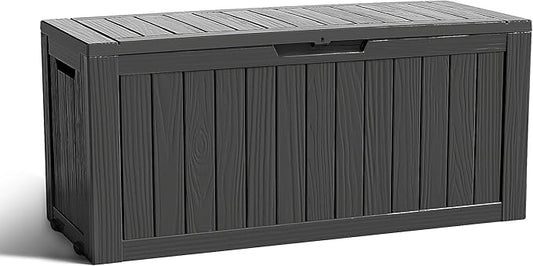 ROJIK Outdoor Storage Housing Deck Box - Waterproof Patio Furniture, Garden Tools, Cushions, Pool Accessories Storage Bench with Lockable Lid and Side Handles (Black 76 Gal) ROJIK