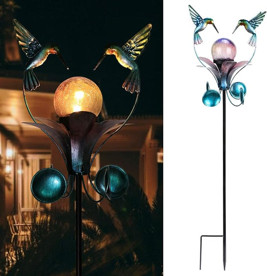 VCUTEKA Solar Lights Outdoor Metal Garden Stake Waterproof Crackle Glass Globe Garden Decor Hummingbird for Pathway, Lawn, Patio, Yard VCUTEKA