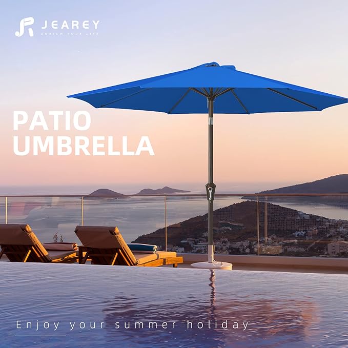 JEAREY 9FT Outdoor Patio Umbrella Outdoor Table Umbrella with Push Button Tilt and Crank, Market Umbrella 8 Sturdy Ribs UV Protection Waterproof for Garden, Deck, Backyard, Pool (Royal Blue) JEAREYOutdoorsCollection