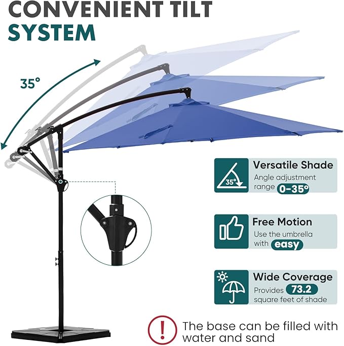 OLIXIS Offset Patio Umbrella, 9.7FT Cantilever Table Umbrellas for Outdoor Sun Shade UV Protection with Easy Tilt Adjustment, 8 Ribs for Backyard, Lawn, Garden, Pool - Blue OLIXIS