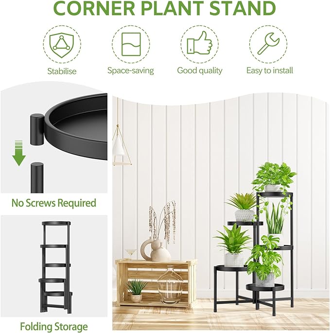 iDavosic.ly 5 Tier Large Plant Stand Indoor with 10 Inch Wide Tray, Tiered Corner Metal Outdoor Flower Display Holder Shelf, Folding Tall Rack for Patio Porch Living Room, Modern Black iDavosicly