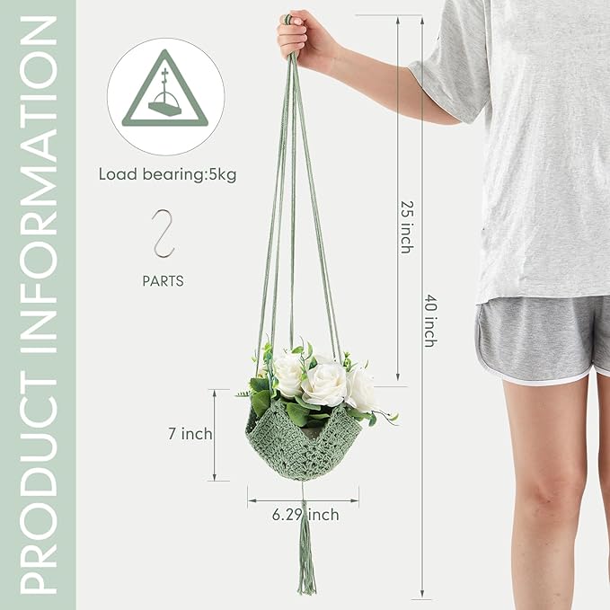 Shappy 1 Pack Jute Crochet Long Plant Hanger for 3 Inch to 12 Inch Pots, Macrame Plant Holder Rope with S Shaped Hooks for Halloween Home Decor (Sage Green) Shappy