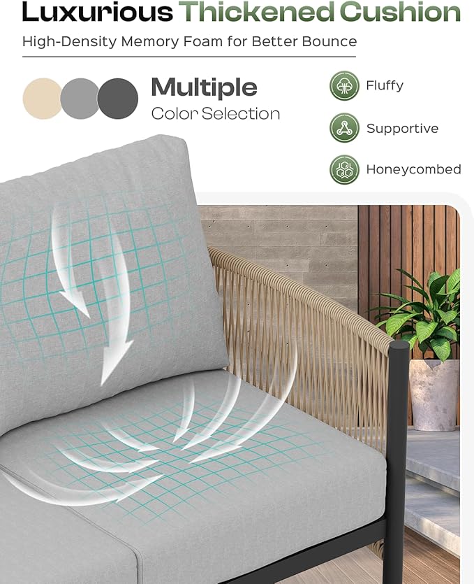 Aluminum Outdoor Patio Furniture Set with Dual-Layer Coffee Table, 4 Piece Modern Patio Conversation Sets with PE Rope, Outdoor Sectional Sofa with Thick Cushions for Balcony, Deck, Gray Oasbira