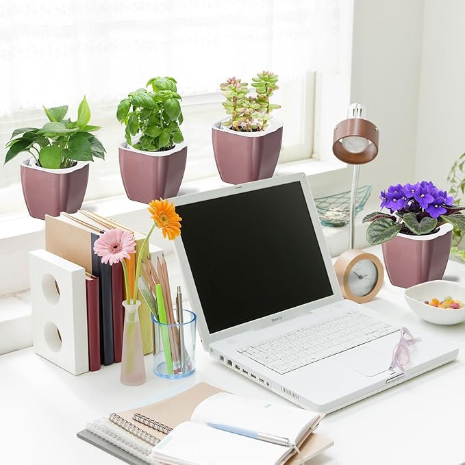 4 Pack Self Watering Pots 4-inch Decorative Flower Planters for Indoor Plants Modern Square planters for Small Plants Window Sill Planters for Succulents, African Violets, Herbs(Rose Gold) Oliz