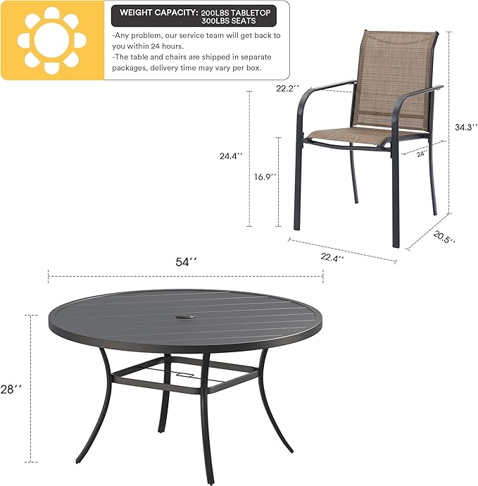 VICLLAX Patio Dining Set for 8, Outdoor Furniture Set Includes 53" Round Patio Table and 8 Patio Sling Chairs, Black Tabletop and Brown Fabric HOME