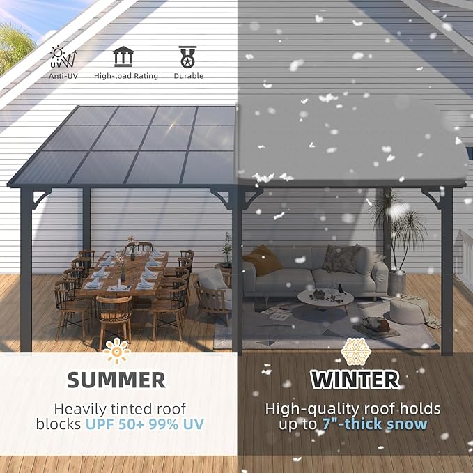 AECOJOY 16' x 12' Gazebo Outdoor Pergola for Patio, 12x16 Large Wall-Mounted Hard Top Lean to Metal Gazebo Shelter Pergolas and Gazebos Clearance with Patio Roof, Heavy Duty Awnings for Decks AECOJOY