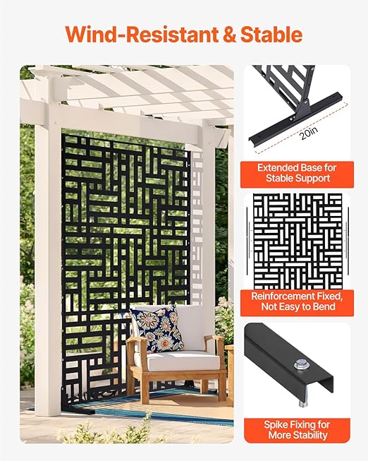 VEVOR Metal Privacy Screen, 47" W x 76" H, Outdoor Privacy Screens 3-Panel, Freestanding Outdoor Divider with Stand, Decorative Garden Steel Privacy Fence for Balcony Patio Indoor Room Hot Tub Black VEVOR