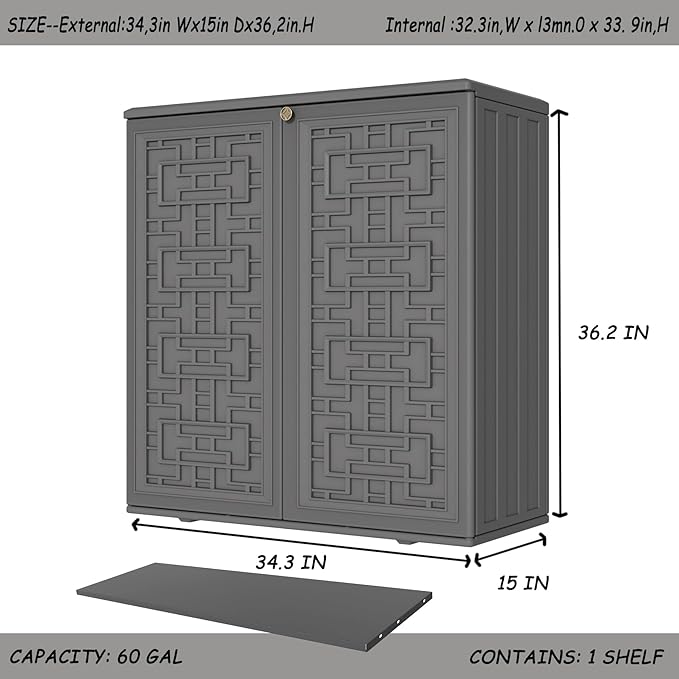 Storage Box Outdoor Caninet,Resin Indoor Storage Box Waterproof Outdoor Storage Cabinets for Patio/Garden/Backyard, Size 34.3''L*15''W*36.2''H(Grey) Mrosaa