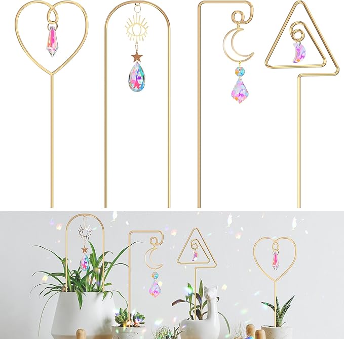 Small Trellis for Potted Plants Indoor with Colorful Crystal Sun Catcher, 14.17 Inch Metal Plant Lattice for Mini Potted Plant Decoration for Home Window Garden 4 Pack WellSign