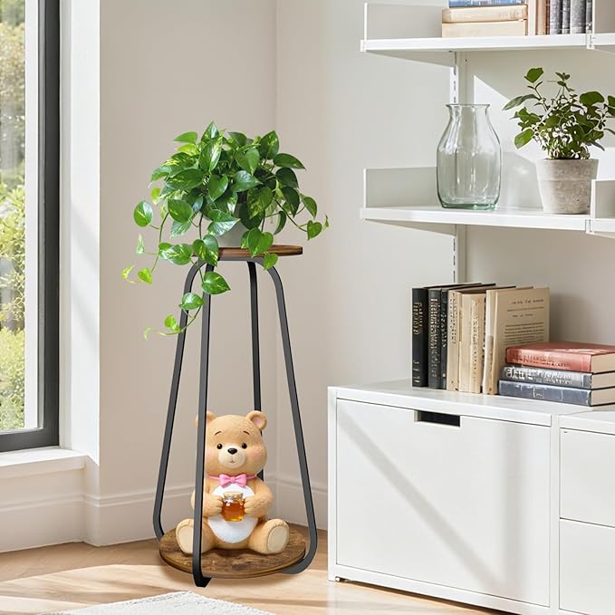 Plant Stand Indoor, 2 Tier Plant Shelf Pedestal Stand Flower Stand, Metal Wood Plant Stands for Indoor Plants Living Room Balcony Deck Garden OugeWood